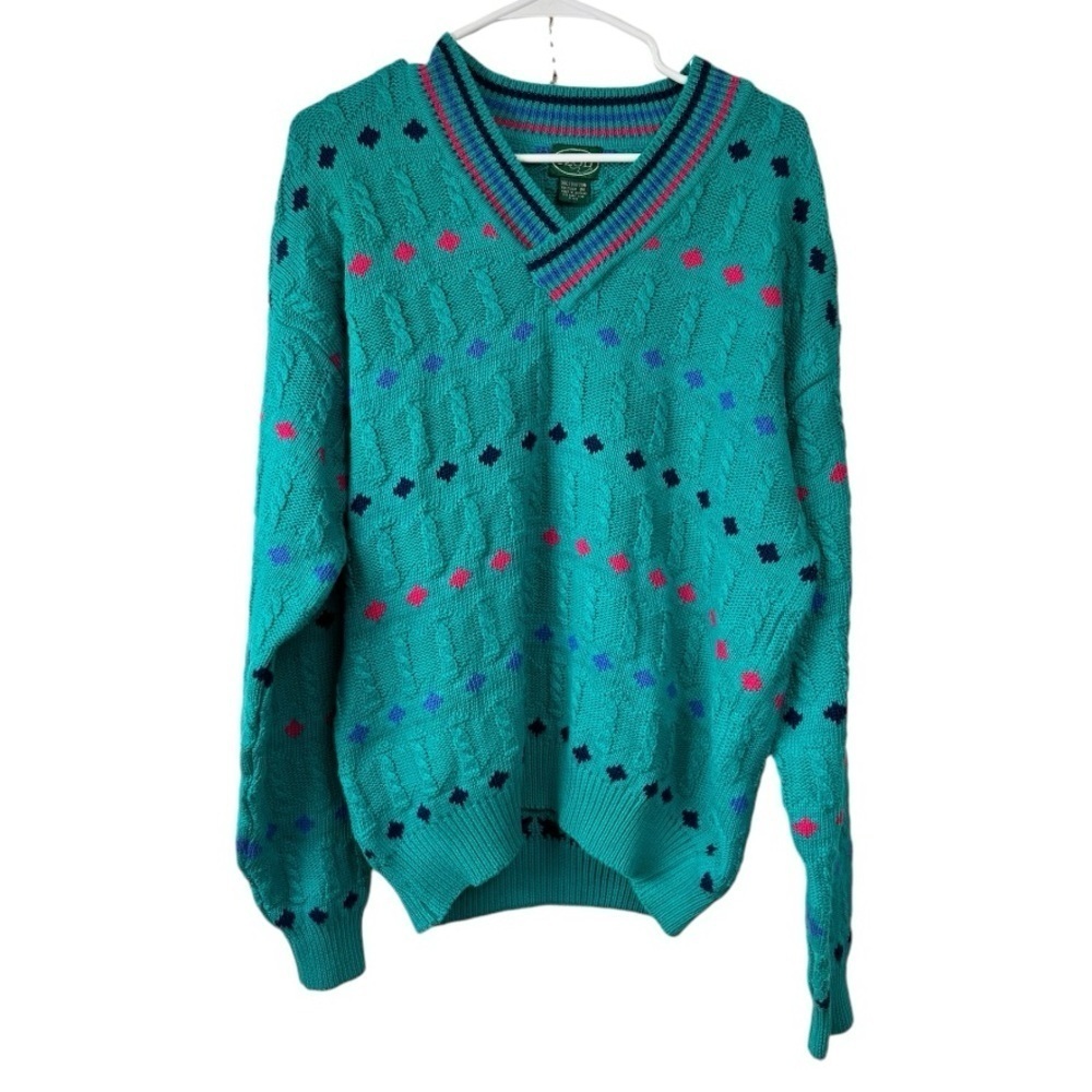 Vintage 80s 90s Izod Size Medium Cable Knit Tennis Sweater Teal Diamond V-Neck